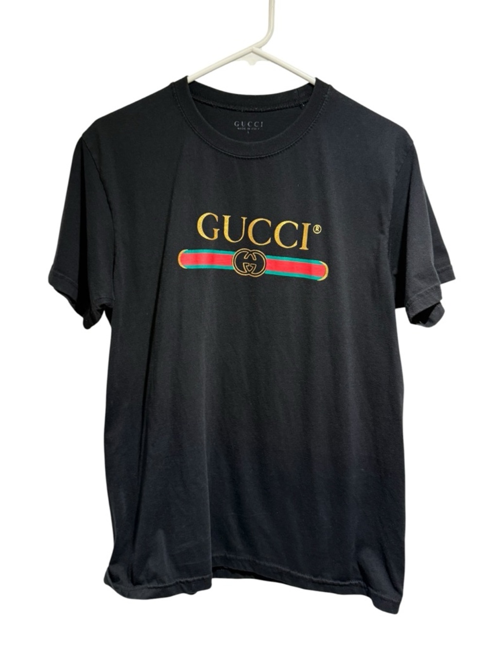 Gucci Black T-Shirt with Gold Logo and Green-Red Stripe